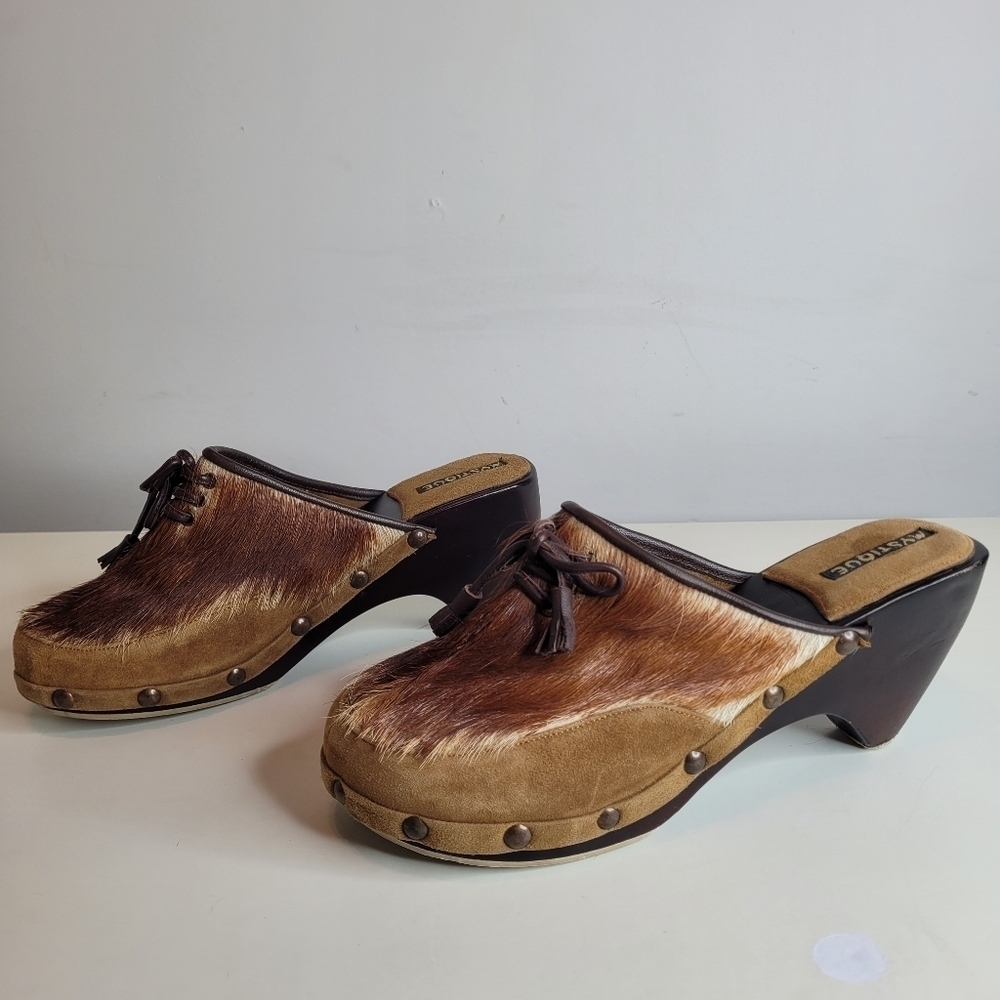 Mystique Calf Hair Leather Wooden Clogs Size Women's 7 - Picture 2 of 13